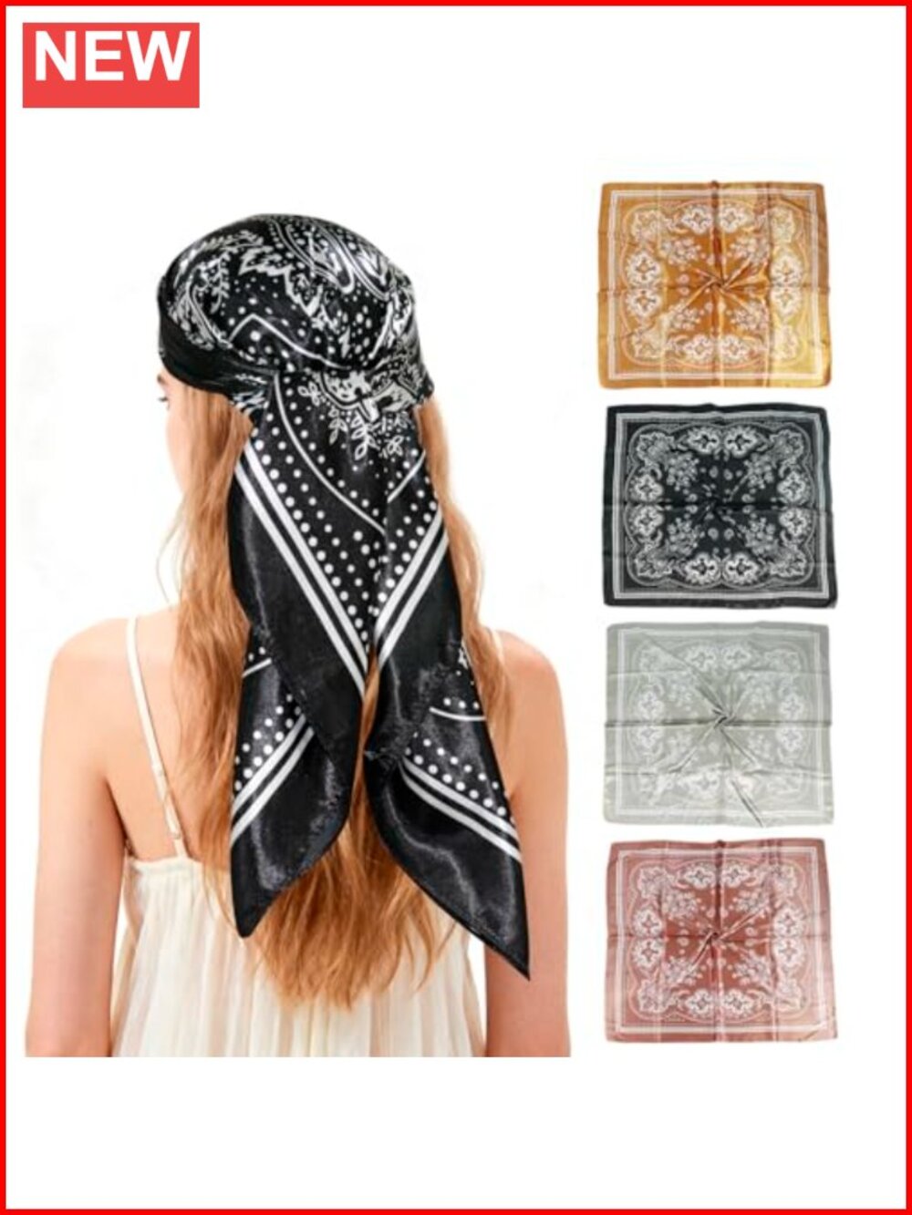 4pc Satin Hair Scarf Set Large 35x35 Silk-Like Bandana Head Wrap